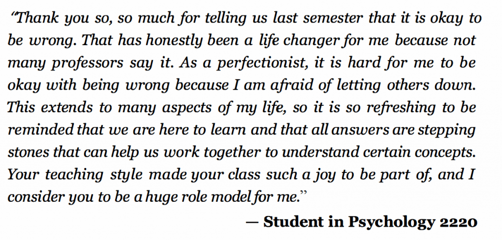 Student thanks professor for saying it's OK to be wrong