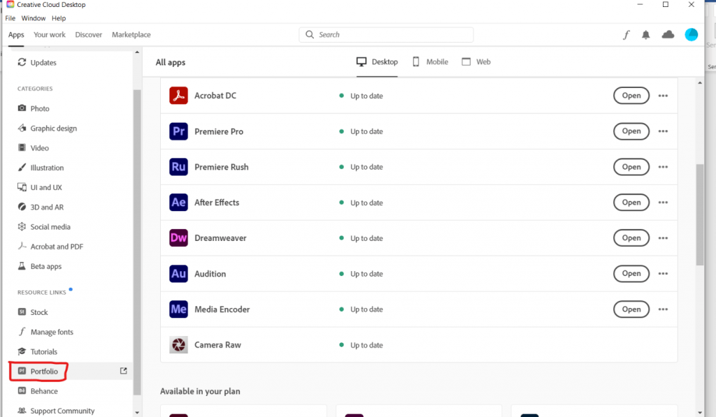 screenshot of Adobe creative cloud main menu