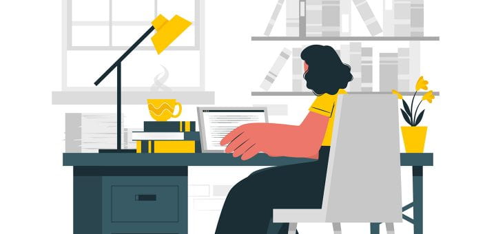 Drawing of a woman sitting at a desk working on a computer.