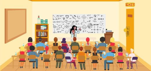A graphic depiction of a classroom with a female professor standing in front of a white board covered in chemistry notations. Students sit in rows facing the instructor.