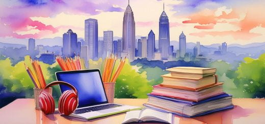 AI generated image showing books, a laptop, and a skyline.